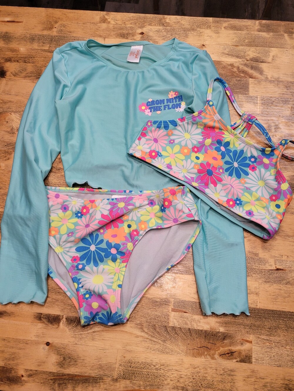 Cat & Jack Aqua Long-Sleeve Rash Guard with Floral Bikini Set